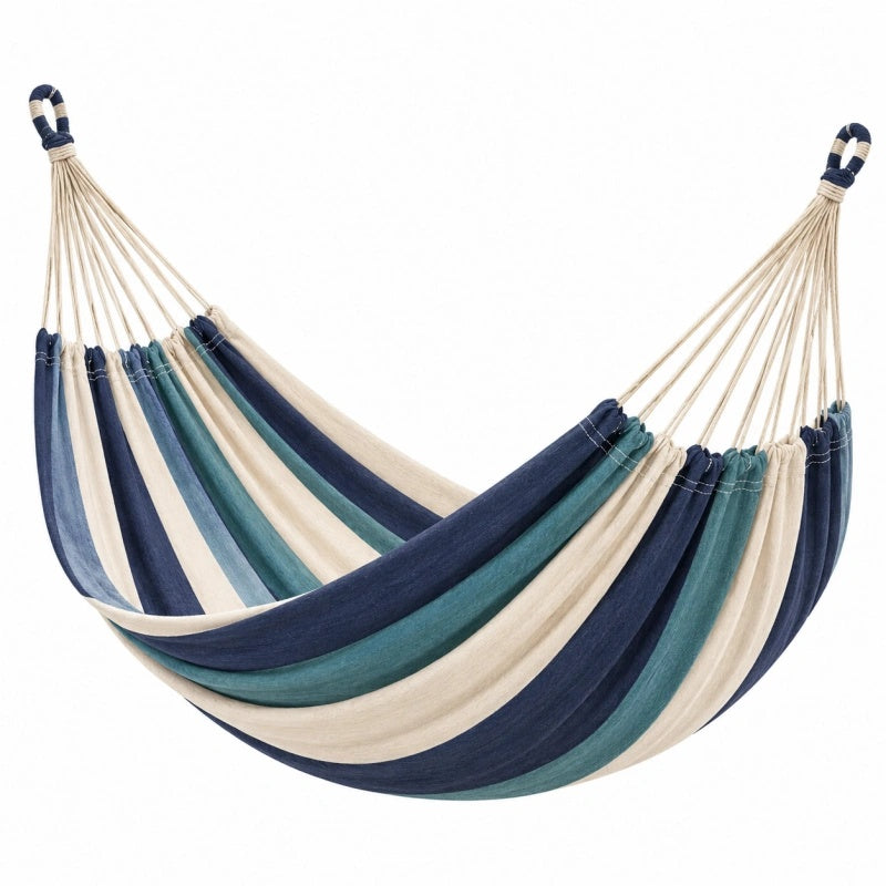 Amaca in cotone 200 x 100 cm blu verde e beige a righe per giardino e terrazza