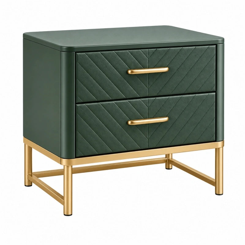Comodino 50 x 40 x 55 cm verde con 2 cassetti rivestiti in similpelle e struttura in metallo dorato