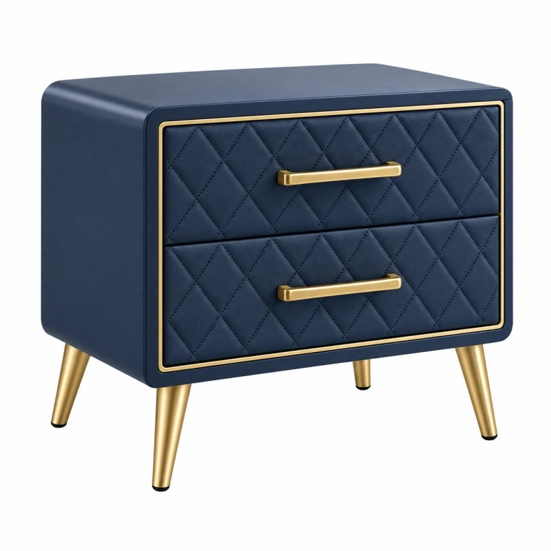 Comodino 50 x 40 x 55 cm blu con rivestimento effetto pelle e 2 cassetti stile moderno