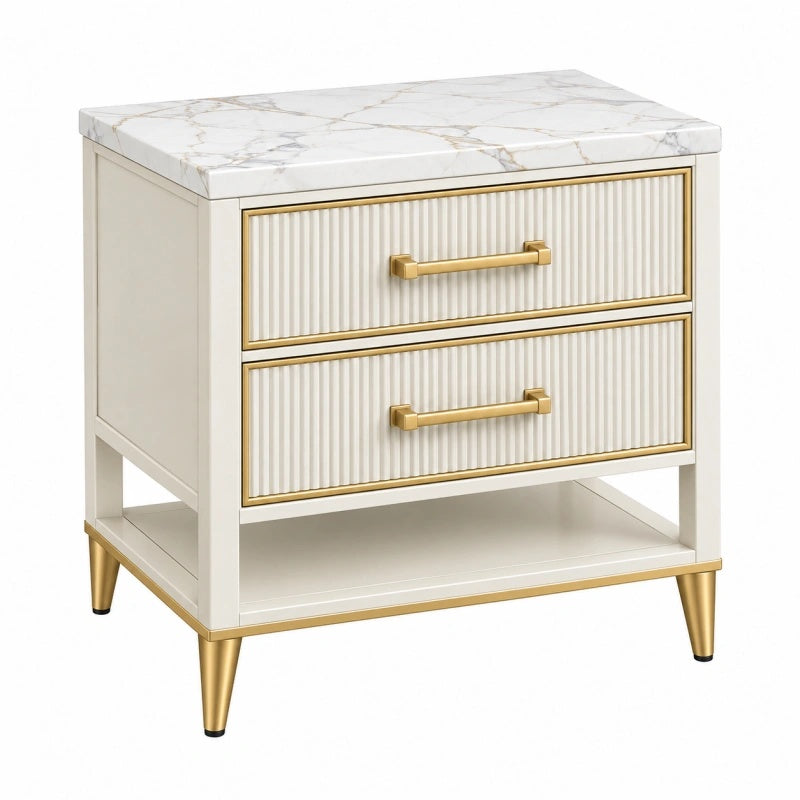 Comodino 50 x 40 x 60 cm in legno ingegnerizzato avorio con piano effetto marmo e 2 cassetti stile moderno