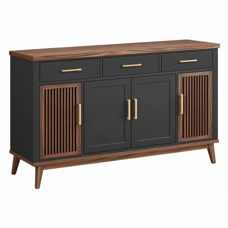 Credenza 160 x 40 x 90 cm in legno nero e noce con 3 cassetti e 4 ante stile moderno