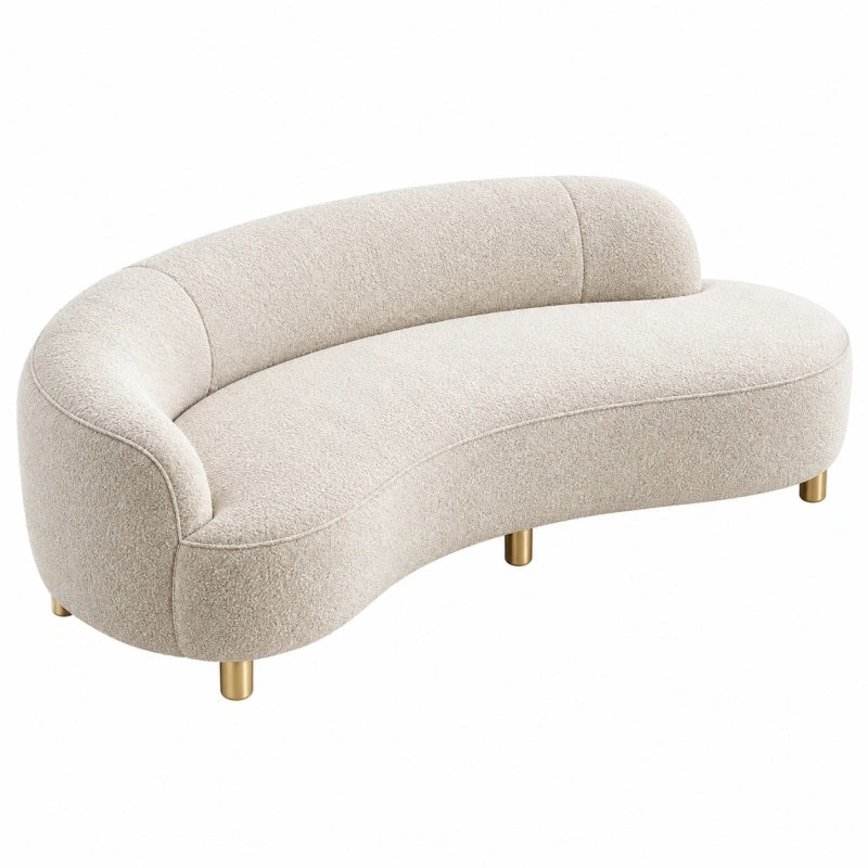 Divano curvo 220x95x78 cm in tessuto bouclé beige con piedi metallici stile moderno