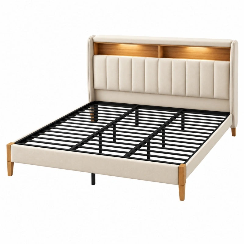 Letto matrimoniale 160 x 200 cm imbottito beige con testiera illuminata stile moderno