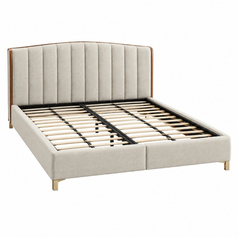 Letto matrimoniale 180 x 200 cm in tessuto beige con testiera imbottita e doghe