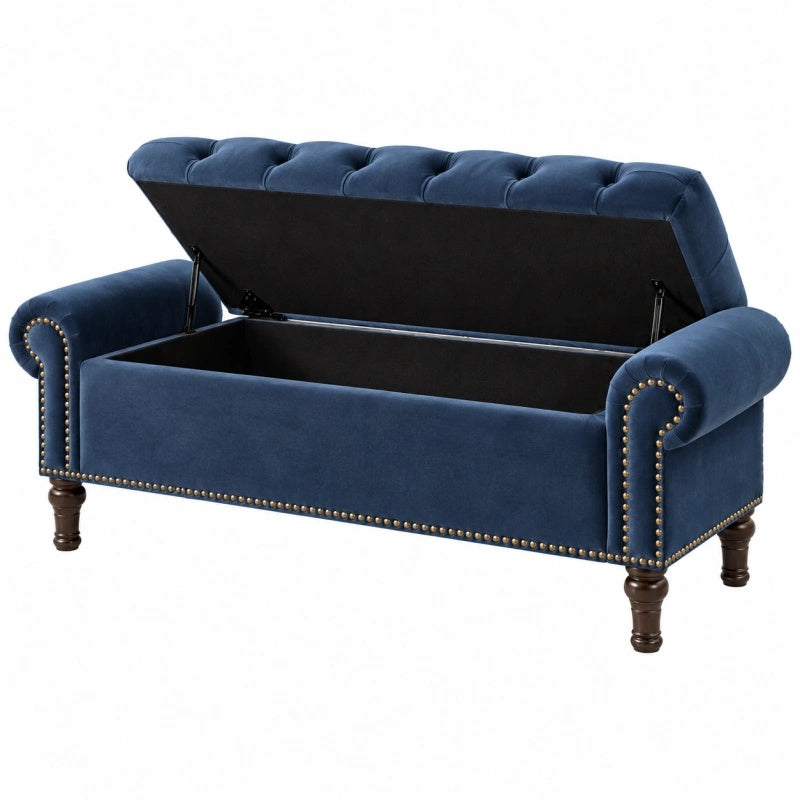 Panca contenitore 150 cm in velluto blu stile classico con schienale trapuntato