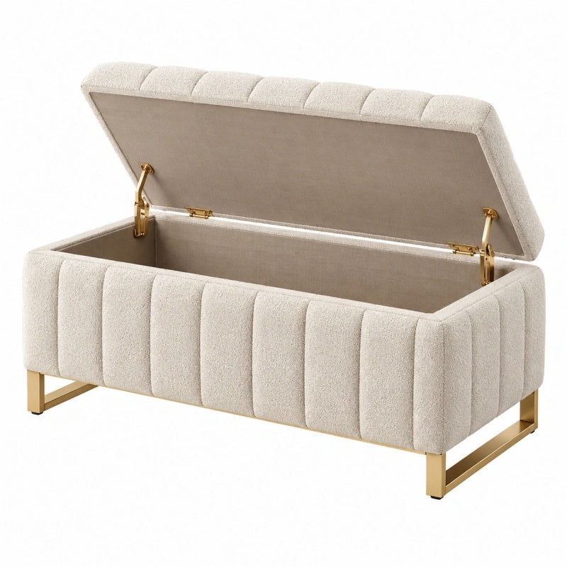 Panca contenitore 100 cm in tessuto bouclé crema con gambe in metallo dorato stile moderno