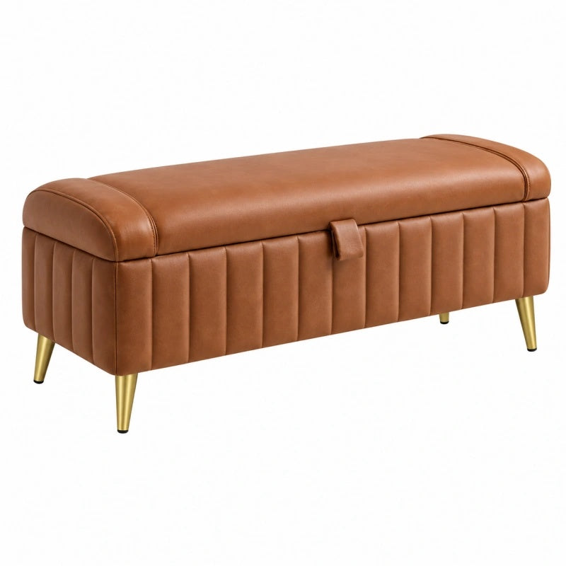 Panca contenitore 120 x 45 x 50 cm in similpelle marrone stile moderno con gambe dorate