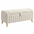 Panca contenitore 100 x 45 x 45 cm in tessuto bouclé beige con gambe in metallo dorato stile moderno