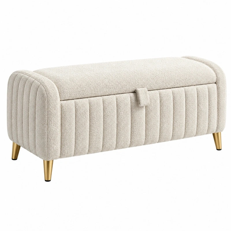 Panca contenitore 100 x 45 x 45 cm in tessuto bouclé beige con gambe in metallo dorato stile moderno