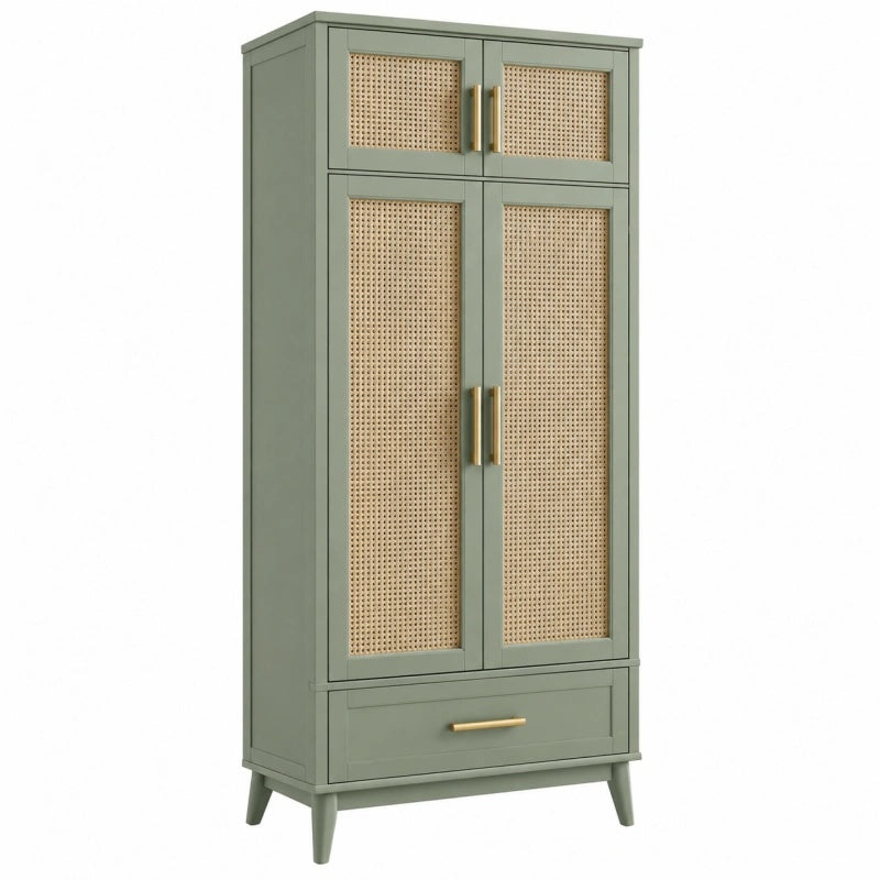 Armadio contenitore 80 x 40 x 180 cm in legno verde salvia con rattan stile naturale