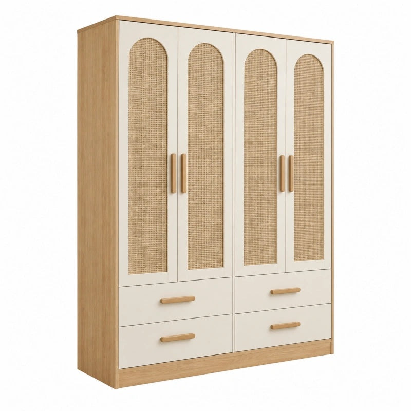 Armadio guardaroba 120 x 50 x 200 cm in legno beige con inserti in rattan - 4 ante e 4 cassetti
