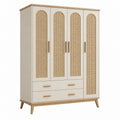 Armadio guardaroba 160 x 55 x 190 cm in legno crema e rattan naturale - 4 ante 2 cassetti stile boho
