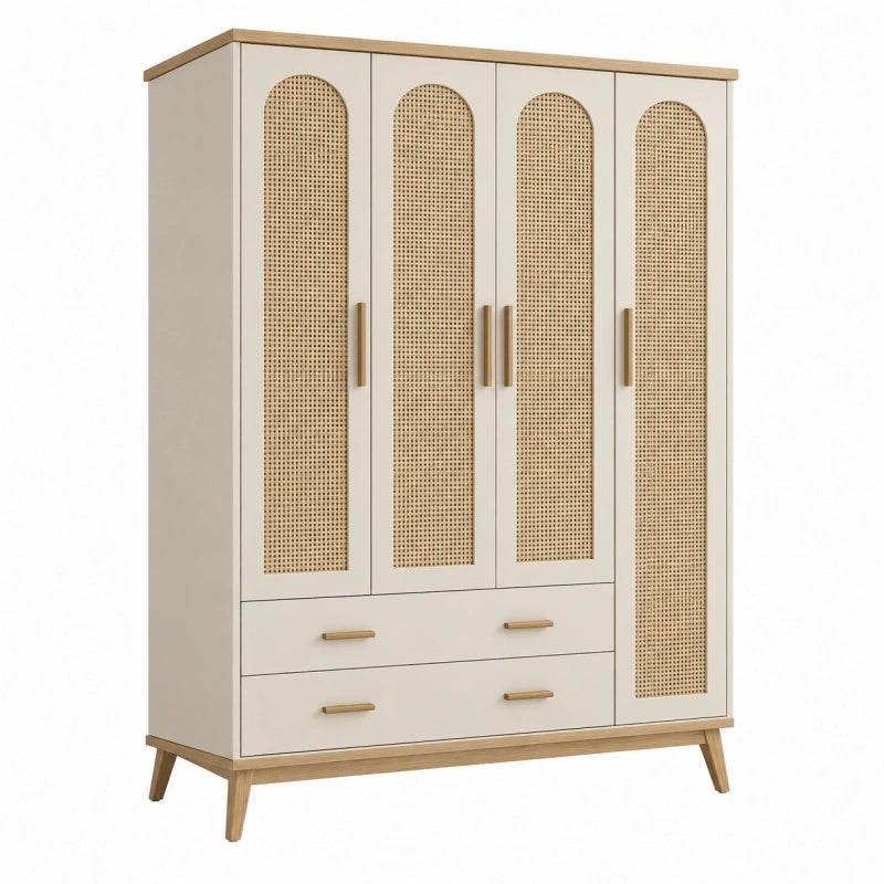 Armadio guardaroba 160 x 55 x 190 cm in legno crema e rattan naturale - 4 ante 2 cassetti stile boho