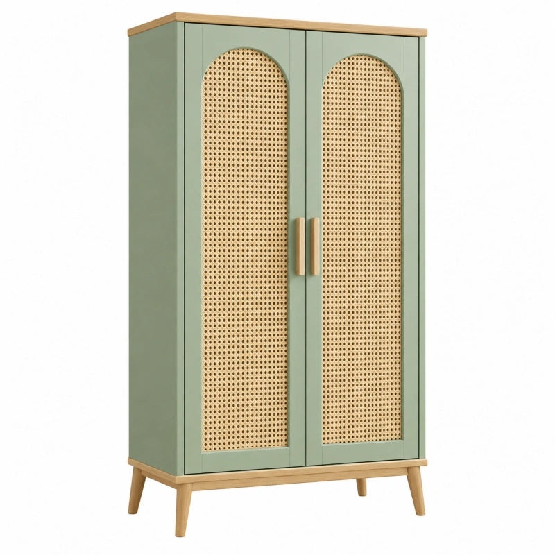 Armadio 80 x 40 x 160 cm verde salvia in legno con ante in rattan stile retrò