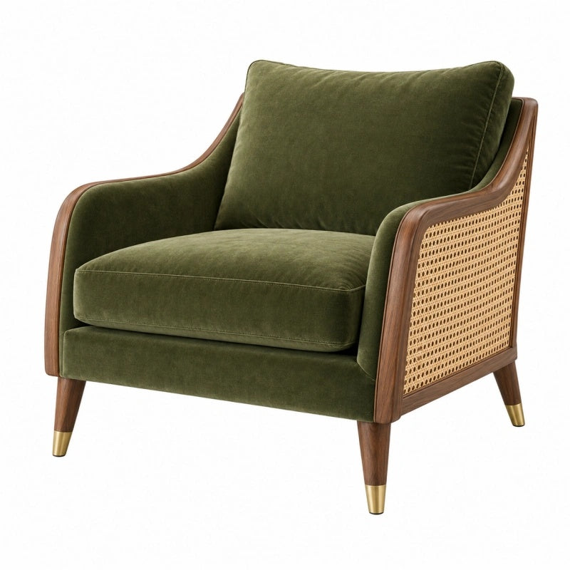 Poltrona 75x82x88 cm in velluto verde con legno e rattan - stile retrò