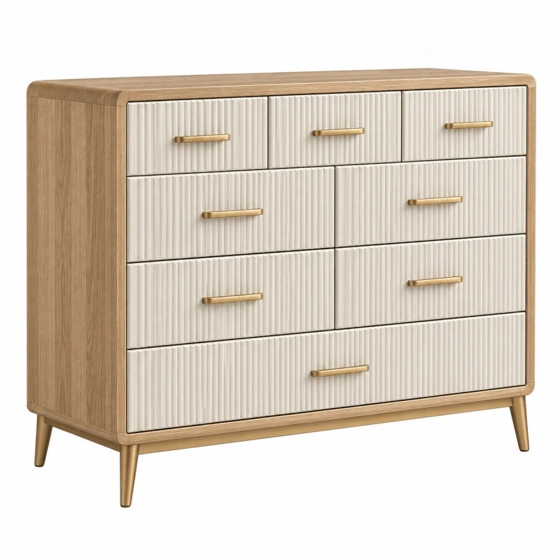 Cassettiera 120 x 45 x 100 cm in legno beige e bianco stile moderno con 8 cassetti