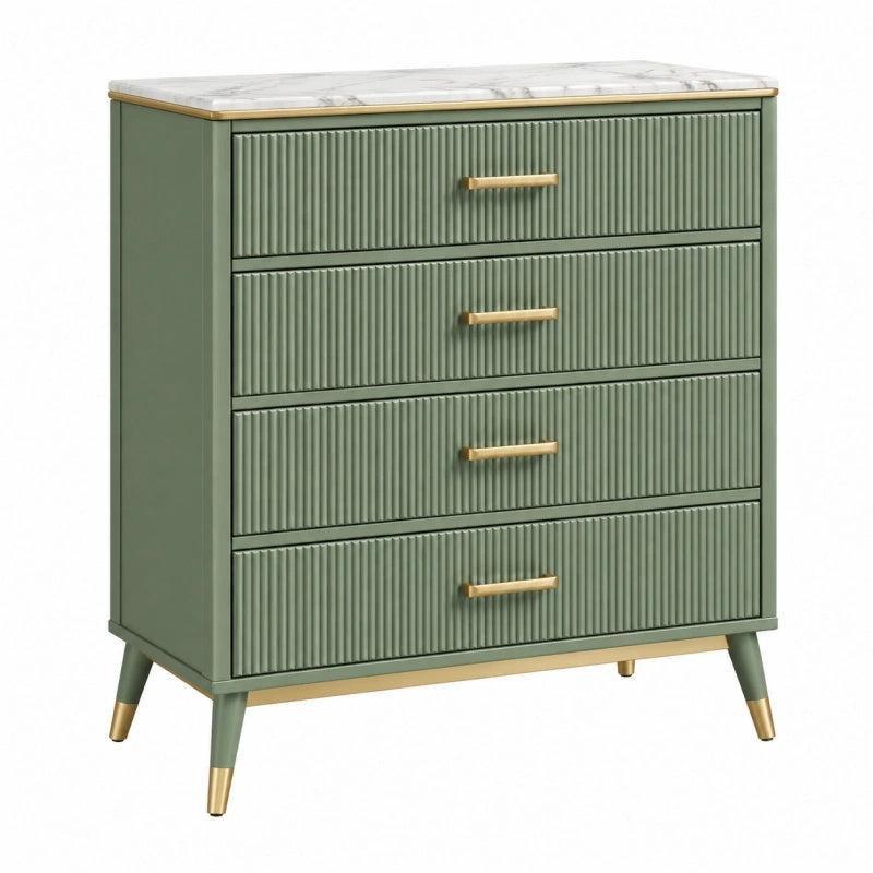 Cassettiera 80 x 40 x 95 cm in MDF verde con piano effetto marmo 4 cassetti stile moderno
